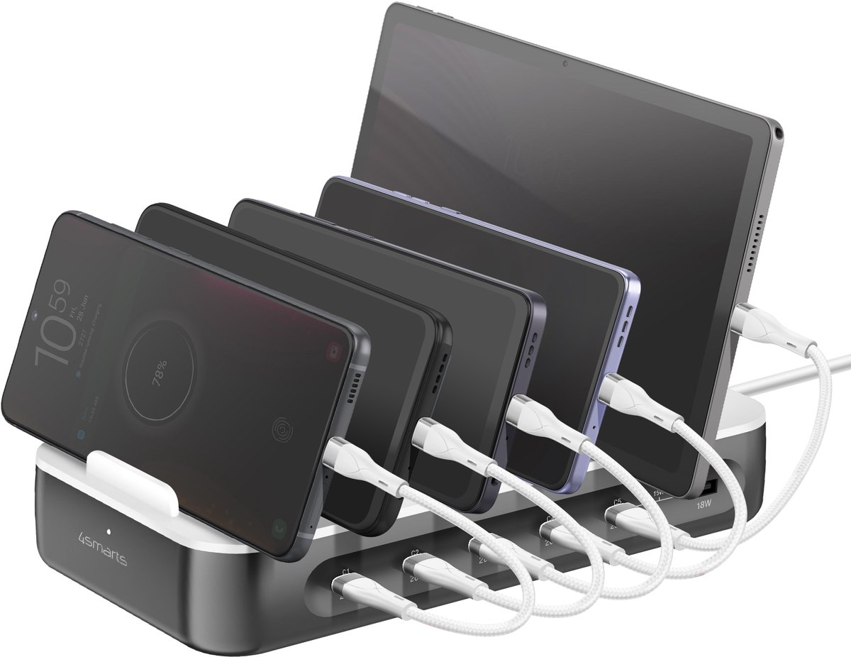 4Smarts Team 100W Laadstation 5x USB-C 1x USB-A Oplader Grijs