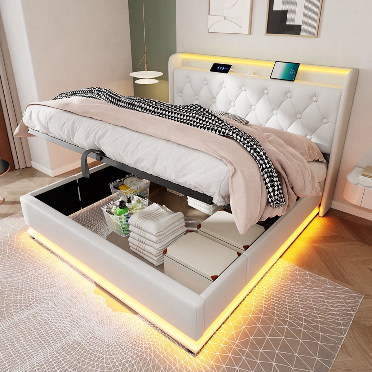 Pugsdrly Gestoffeerd bed tweepersoonsbed, 360° surround LED-functie, drukknop/app/afstandsbediening, 180*200 cm, wit PU-materiaal Hydraulisch bedframe, gestoffeerd hoofdeinde met USB-type C-oplaadfunctie (zonder matras)