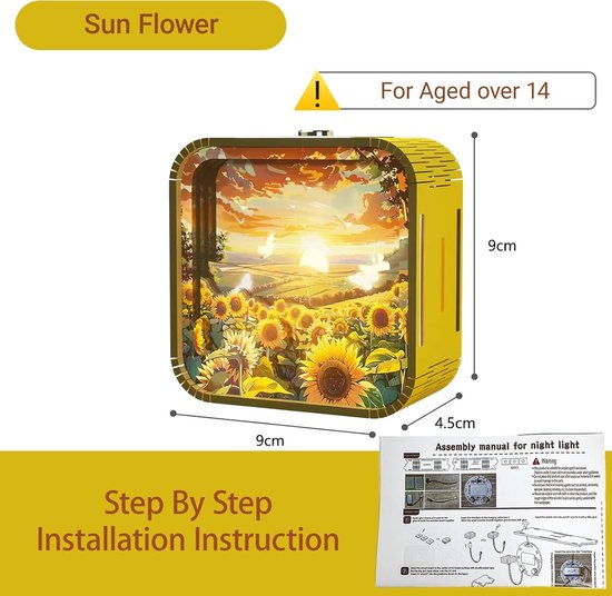 Nachtlampje - slaapkamer verlichting - 3D Houten Legpuzzel Nachtlampje - 1-pack - Drie instelbare helderheidsniveaus - 3D-zicht zonder bril - Oplaadbaar - Energiebesparende LED - Dromerig zonnebloempatroon - een creatief cadeau voor doe-het-zelvers van Merkloos — afbeelding 3
