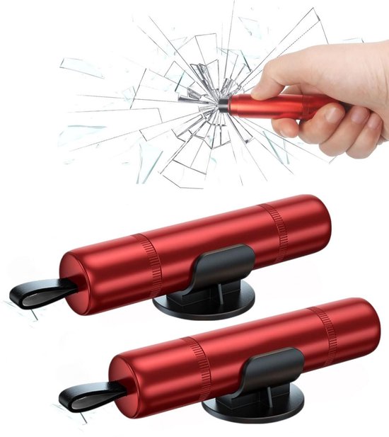 2 stuks - ruitenbreker - gordelsnijder - draagbare nooduitgang voor in de auto - 2-in-1 autoveiligheidshamer - Inclusief testglas & zelfklevende houder - geschikt voor reddingswerk op het land en onder water - rood - 92*18*32 mm