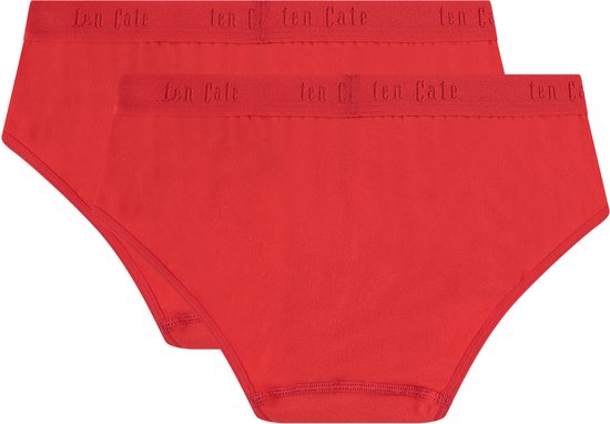 Twee rode hipsters met elastische tailleband met Ten Cate logo.