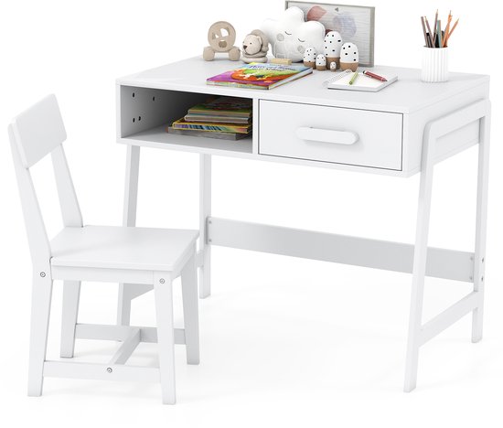 Bureau enfant COSTWAY avec chaise, ensemble de bureau enfant en bois, bureau jeune avec tiroir et étagère, bureau d'écolier pour enfants à partir de 3 ans, 85 x 46 x 70 cm (blanc)