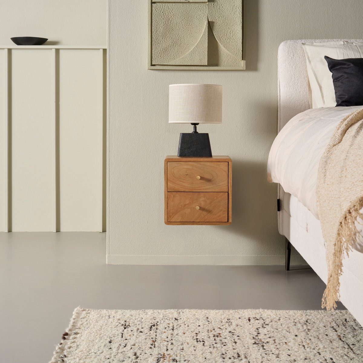 Woonexpress Zwevend Nachtkastje Borba - Mangohout - Lichtbruin - 30x30x30 cm (BxHxD) - 2 Lades - Kleur Tikamoon Walnut - Wandmontage
