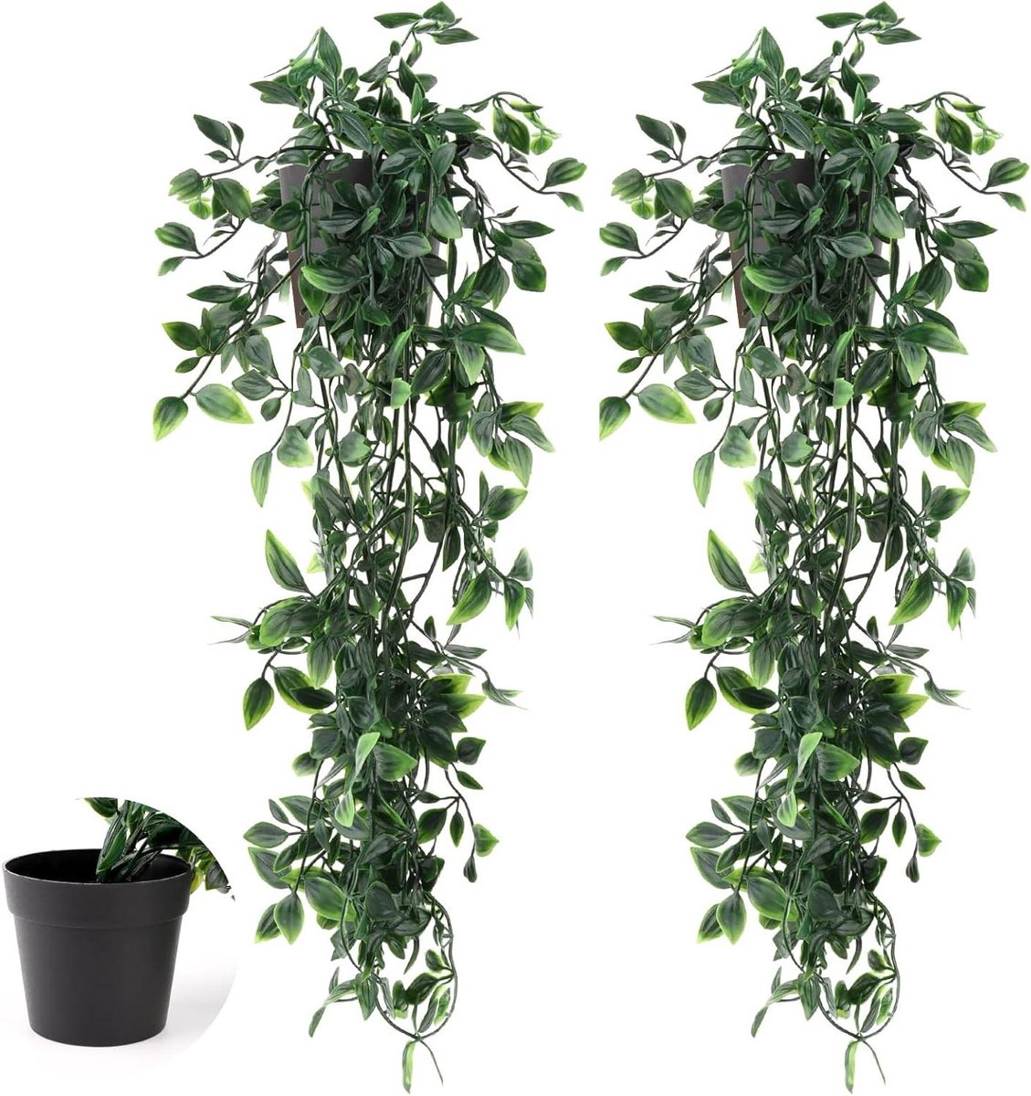 By Shayne ByShane - Set van 2 hangende kunstplanten met potten voor tuin en kantoor - Kunstplanten 80 cm lang - Plastic planten voor wanddecoratie Groen