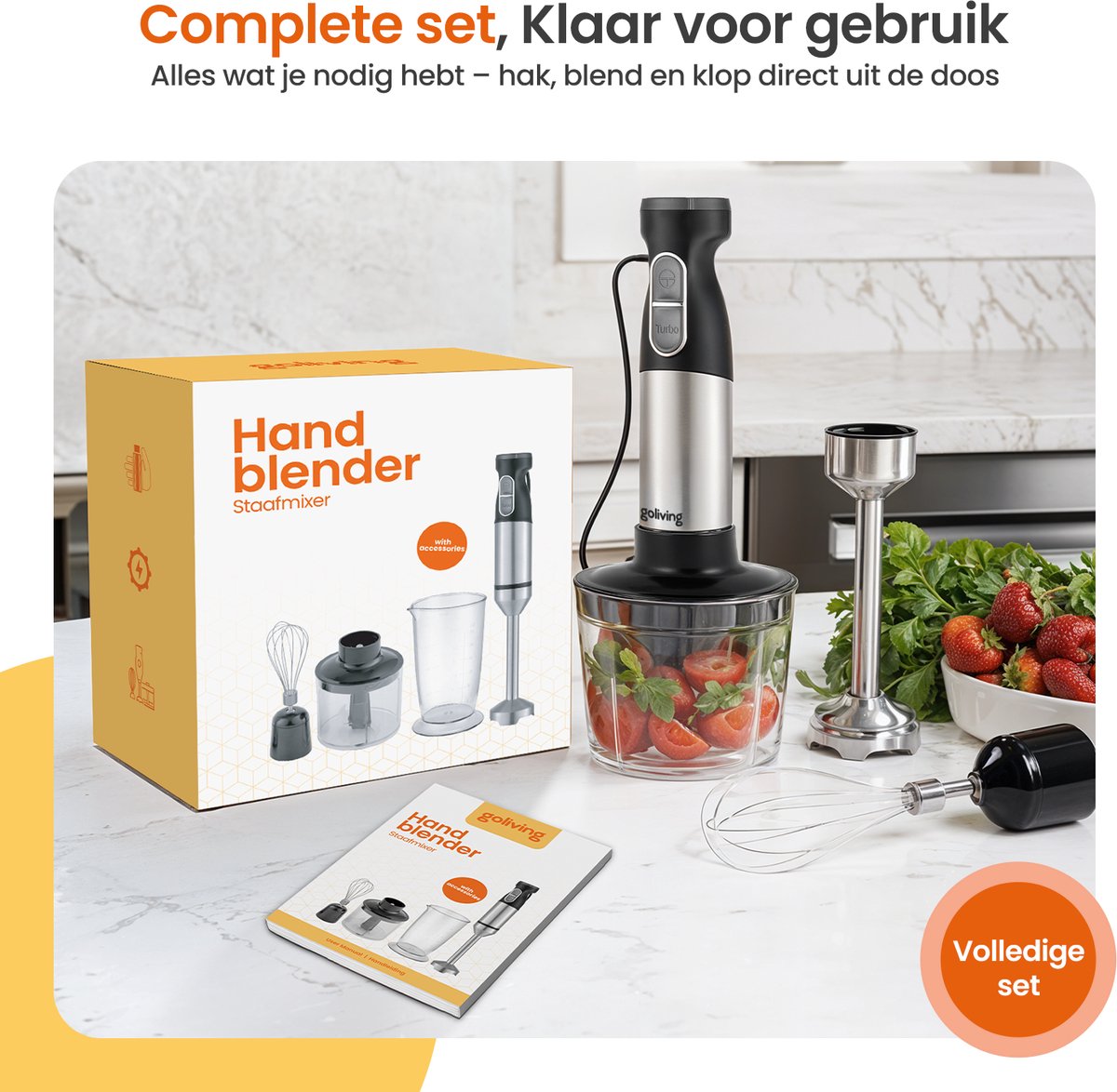 Goliving Staafmixer Set 4-in-1 - Hakmolen - Maatbeker - Garde - 1000W - Vaatwasserbestendige Accessoires - RVS - Zwart – foto 2