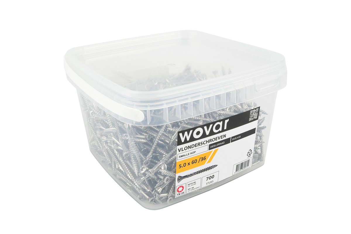 Wovar Voordeelemmer Vlonderschroeven RVS 410 5.0 x 60 mm Torx 25 Deeldraad | 800 stuks | Schroeven RVS | Houtschroeven