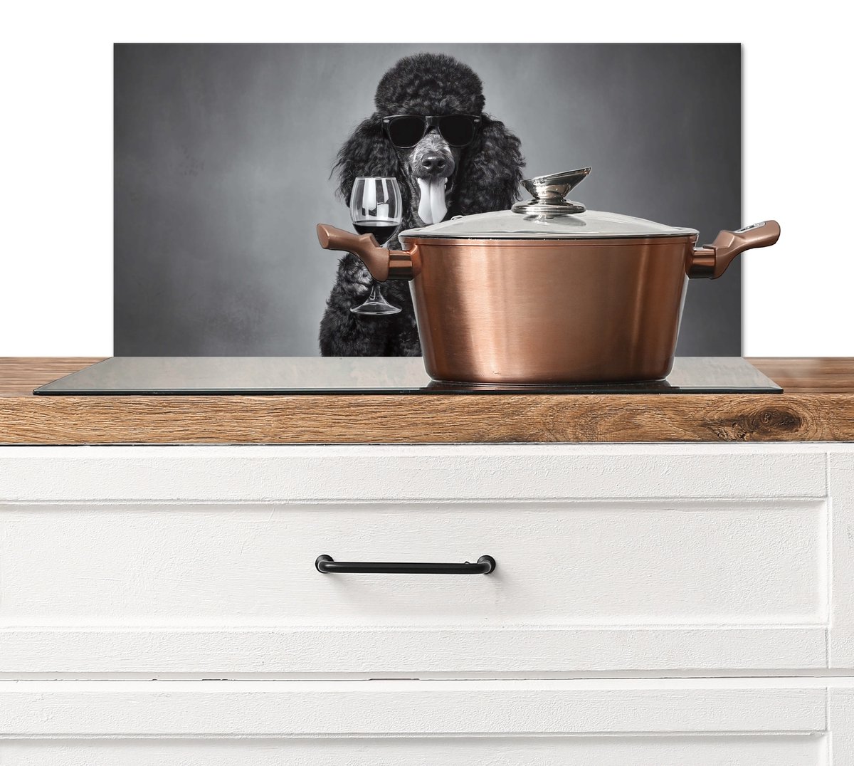 Spatscherm keuken 60x30 cm - Kookplaat achterwand Hond - Krullen - Zonnebril - Wijn - Muurbeschermer - Spatwand fornuis - Hoogwaardig aluminium