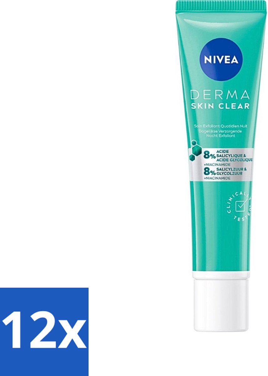 NIVEA - Nacht Exfoliant - DERMA Huidzuiver Dagelijkse Verzorging - Met Salicylzuur (AHA), Glycolzuur & Niacinamide - Tegen Acne & Mee-eters - 40 ml - Voordeelverpakking - 12 stuks