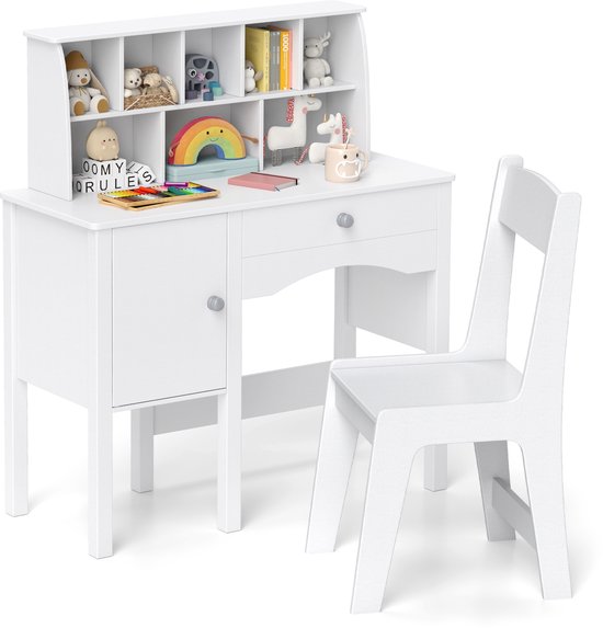 COSTWAY Bureau voor kinderen met stoel, kinderbureau met lade, kast en plank, jeugdbureau van hout, studentenbureau kinderkamer voor kinderen vanaf 3 jaar, 79 x 34 x 91 cm, wit