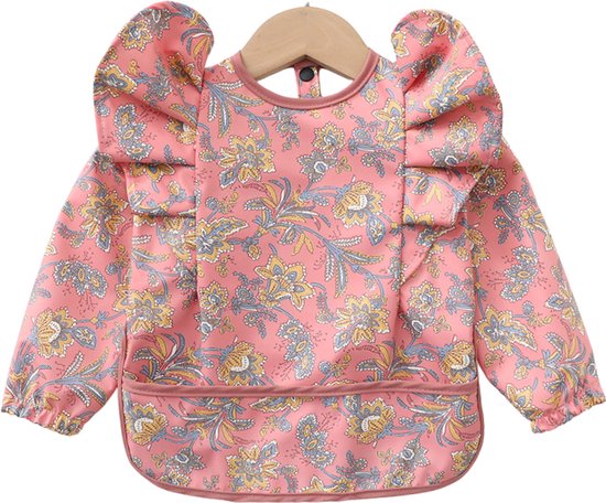 Joya Kids® Slabber Lange Mouwen Roze met Brede Opvangbak - Peuter Kliederschort met Pofmouwen - Verfschort - Schattig Baby Slabbertje Meisje / Schort - Mouwslab - Mouwslabber met Roze Bloemen - Maat M - 12 tot 24 Maanden Oud van Joy — afbeelding 2
