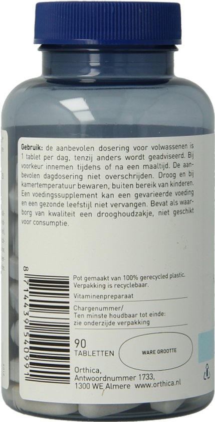 Achterkant van een Orthica C-1000 pot, 90 tabletten, met gebruiksaanwijzing, barcode en recyclebare verpakking.