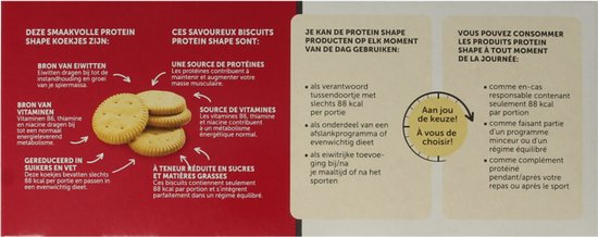 Doos met afbeeldingen en uitleg over de Modifast Protein Shape koekjes, vanille-citroen smaak.