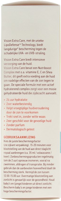 Verpakking van Vision Extra Care SPF 30 met gebruiksaanwijzing: "Kies de juiste beschermingsfactor"