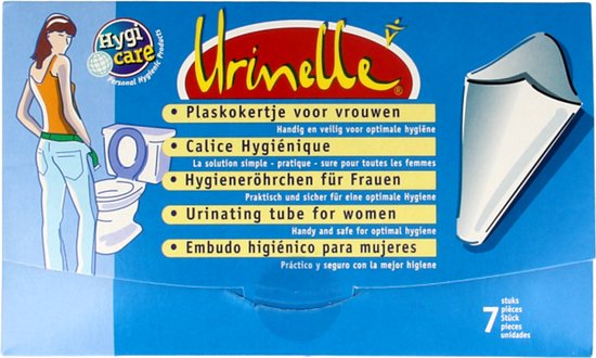 Doosje Urinelle plasgootjes voor vrouwen, met op de voorkant een illustratie van een vrouw bij een toilet.