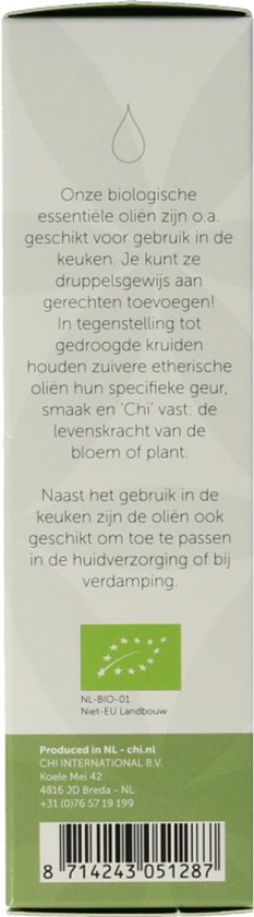 Zijde van kartonnen verpakking met tekst in het Nederlands en EU biologische landbouw logo.