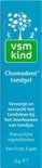 Blauwe doos met opdruk van een boom met kinderen. Tekst: Chamodent tandgel.