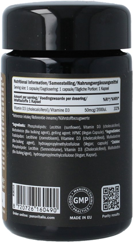 Zwarte pot met voedingsinformatie, ingrediënten en GMP-certificaat. Gemaakt in de EU. Bevat 60 capsules.