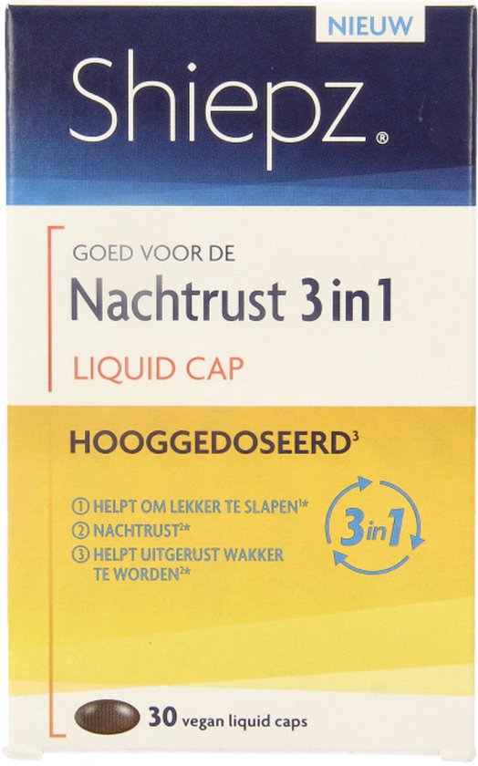 Verpakking Shiepz Nachtrust 3 in 1 Liquid Cap, hooggedoseerd. Met 'Nieuw' logo en 30 vegan liquid caps.