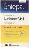 Verpakking Shiepz Nachtrust 3 in 1 Liquid Cap, hooggedoseerd. Met 'Nieuw' logo en 30 vegan liquid caps.