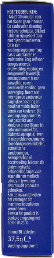 Verpakking met instructies voor gebruik en ingrediënten. Bevat 30 tabletten, 37.5g.