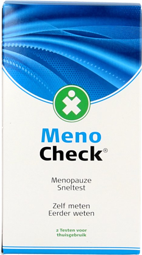 Doos met Meno Check menopauzesneltest. Wit met blauwe golvende lijnen. Met tekst 'Menopauze Sneltest. Zelf meten Eerder weten. 2 Testen voor thuisgebruik'.