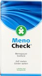 Doos met Meno Check menopauzesneltest. Wit met blauwe golvende lijnen. Met tekst 'Menopauze Sneltest. Zelf meten Eerder weten. 2 Testen voor thuisgebruik'.