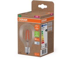 Osram LED lamp in classic globe shape, with decorative LED filament, energy efficiency class A, E27, 5 W, 1055 lm, 4000 K, cool white. 100% light straight away, with no warming up. Low flickering