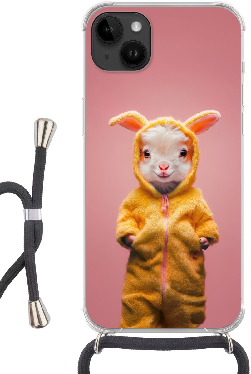 Telefoonhoesje Geschikt voor Apple Iphone 14 Max - Kostuum - Geitje - Paashaas - Siliconen - Crossbody - Backcover met Koord - Telefoonhoesje met koord - Hoesje met touw Telefoonhoesje