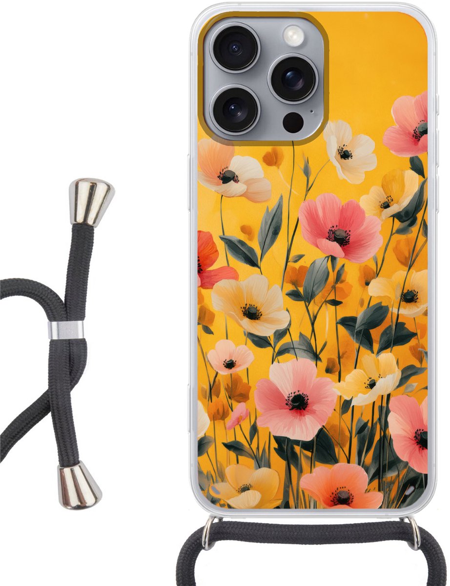 Telefoonhoesje Geschikt voor iPhone 16 Pro Max - Bloemen - Veld - Geel - Siliconen - Crossbody - Backcover met Koord - Telefoonhoesje met koord - Hoesje met touw Telefoonhoesje