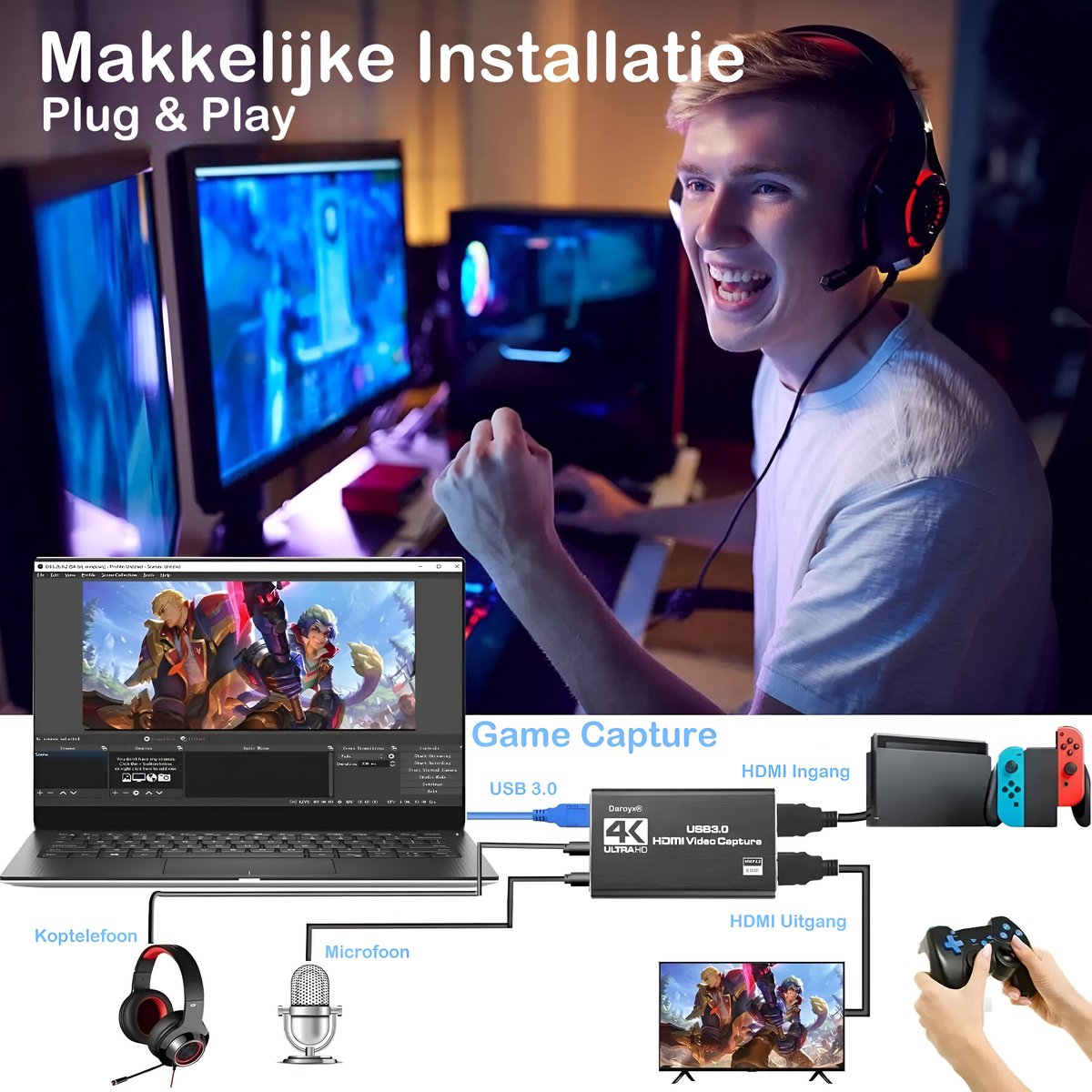 Daroyx® VCC4K Pro Video Capture Card - USB-A 3.0 - HDMI 4K@60Hz - Geschikt als Game Capture - Antraciet thumbnail 3
