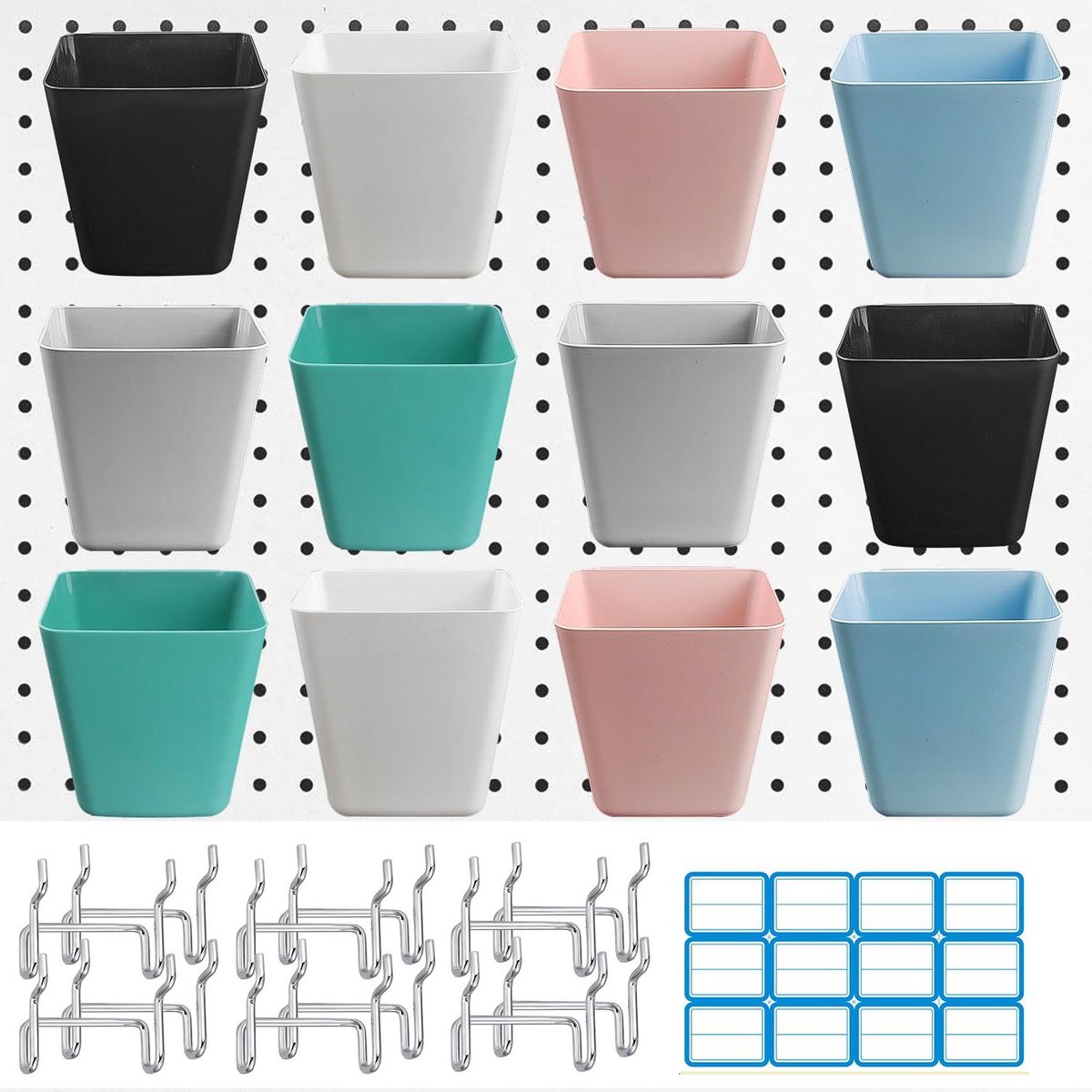 JGS Premium - 12 stuks Steekbordopbergcontainers met Haken en Etiketten - Wandorganizer voor Garage, Werkbank, Kantoor en Keuken - 6 Kleuren