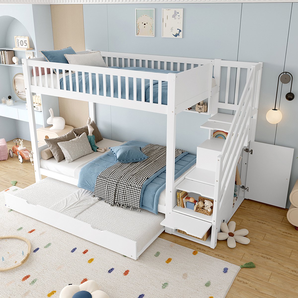 Pugsdrly Stapelbed (zonder matras), kinderbed, met uitschuifbed, plank, kast, opbergvak, 90 x 200 cm, wit
