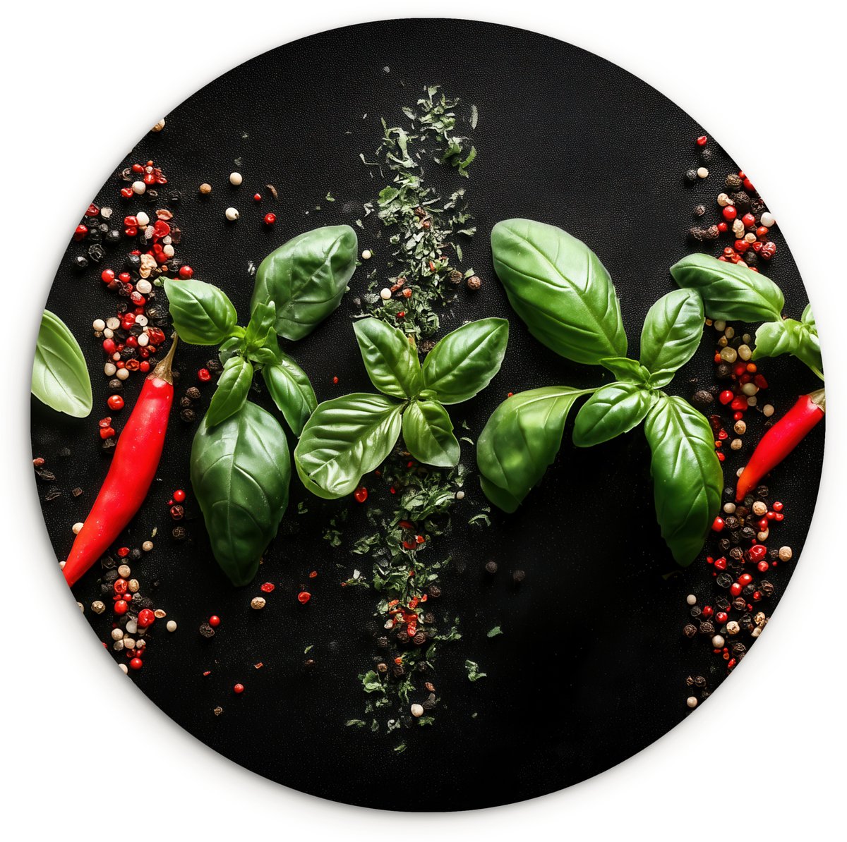 WallCircle Wandcirkel 30x30 cm - Muurcirkel Chilipepers - Basilicum - Blaadjes - Rood - Muurdecoratie woonkamer - Wanddecoratie slaapkamer - Kamer decoratie accessoires - Ronde schilderijen Chilipepers - Blaadjes