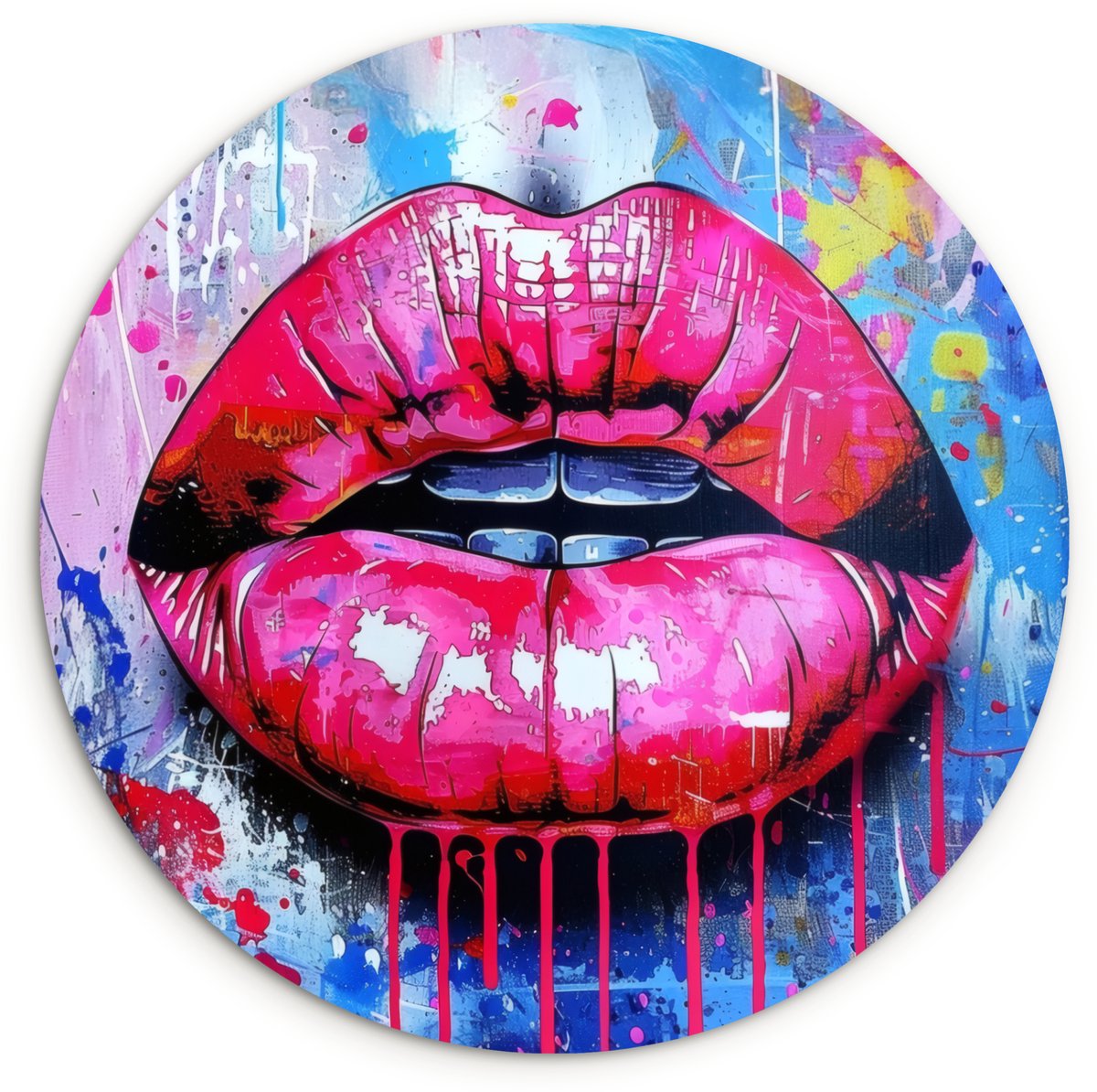 WallCircle Wandcirkel 150x150 cm - Muurcirkel Graffiti - Lippen - Felroze - Geschilderd - Muurdecoratie woonkamer - Wanddecoratie slaapkamer - Kamer decoratie accessoires - Ronde schilderijen Lippen - Verf
