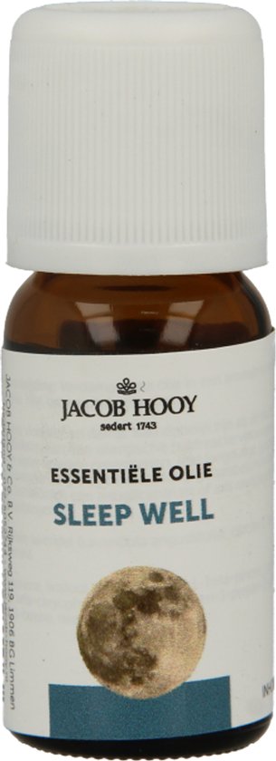 Bruine fles met witte dop, etiket 'Jacob Hooy Essentiële Olie Sleep Well' met maan.