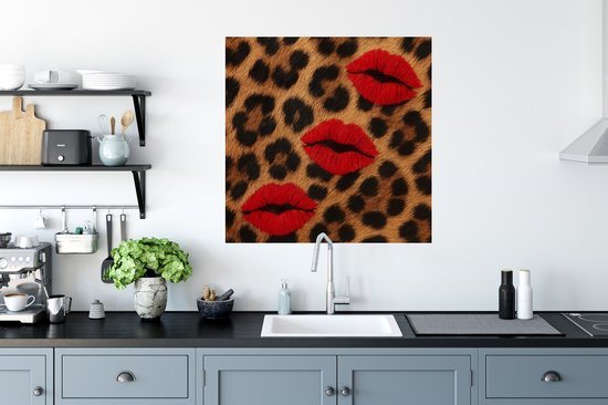 Muurstickers - Sticker Folie - Lippen - Drie - Rood - Panterprint - 50x50 cm - Plakfolie - Muurstickers Kinderkamer - Zelfklevend Behang - Zelfklevend behangpapier - Stickerfolie