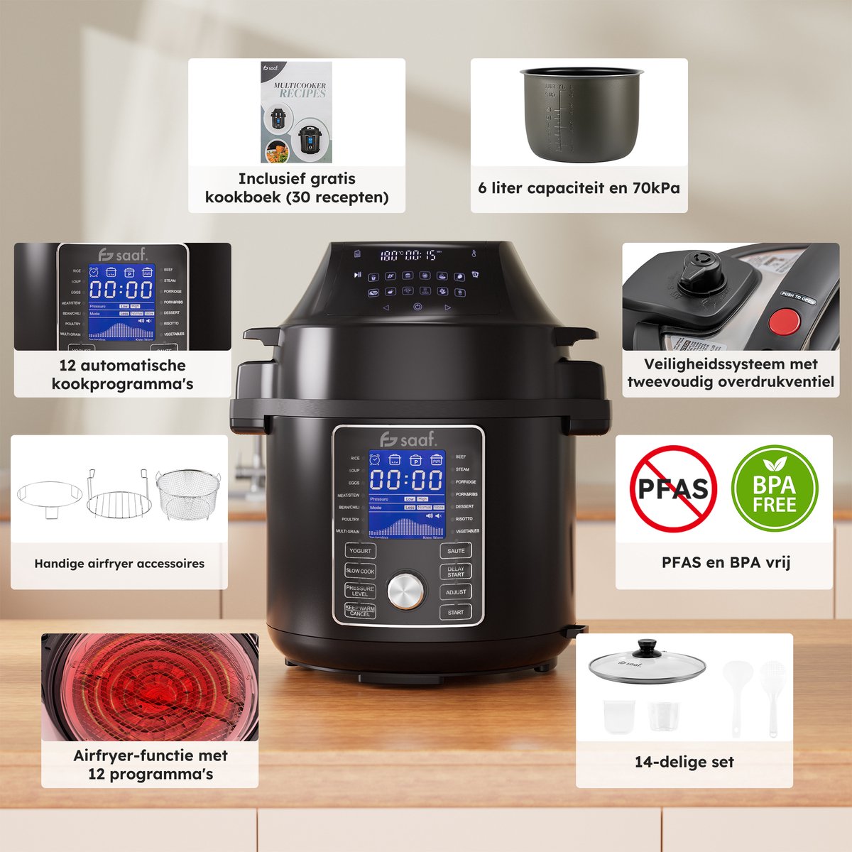 Afbeelding 2 van Multicooker met Airfryer - 15-Delige Set - 6L - 24 Automatische Programma's - Airfryer - Slowcooker - Rijstkoker - Stomer - Snelkookpan - RVS - Saaf