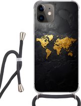 Étui de téléphone Convient pour iPhone 11 - Wereldkaart - Goud - Pierre - Siliconen - Cross - Coque arrière avec Cordon - Étui de téléphone avec cordon - Étui avec corde Étui de téléphone