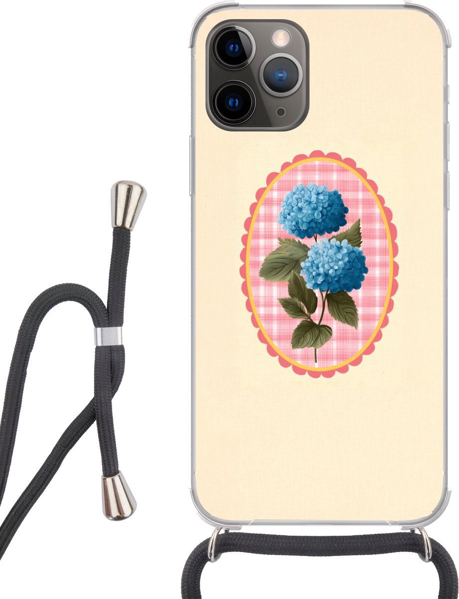 Telefoonhoesje Geschikt voor iPhone 12 pro crossbody - Bloemen - Blauw - Lijst - Bladeren - Siliconen - Crossbody - Backcover met Koord - Telefoonhoesje met koord - Hoesje met touw Telefoonhoesje