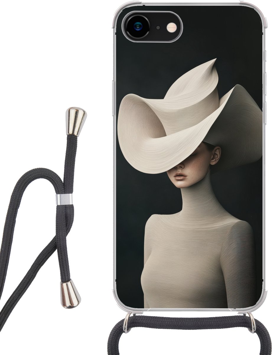Telefoonhoesje Geschikt voor iPhone SE 2020 - Vrouw - Golvende - Hoed - Siliconen - Crossbody - Backcover met Koord - Telefoonhoesje met koord - Hoesje met touw Telefoonhoesje