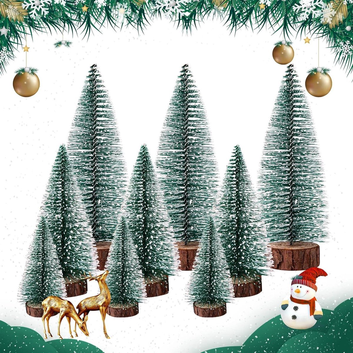 JGS Premium - Miniatuur Kunstkerstboom voor Kerstdecoratie en Tafeldecoratie met Sneeuw en DIY (Groen, 3 Maten)