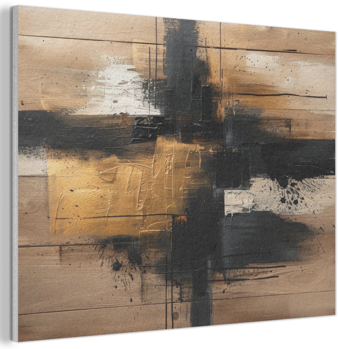 Akoestisch wandpaneel 70x50 cm - Vilt schilderij Modern - Zwart - Goud - Verf - Akoestisch