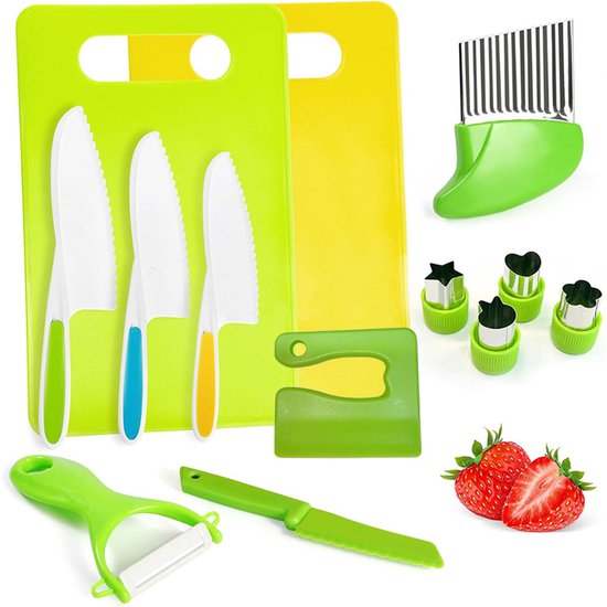 Foto: Set van plastic kindersnijmessen voor fruit groenten snijden kinderspeelgoed keukenset plastic fruitmes snijplank dunschille louzir