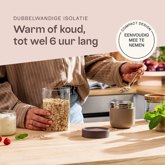 BergHOFF Home Nommie – Boîte à lunch Thermos 0 l – Boîte à lunch Thermos étanche – Garde au chaud ou au froid pendant 6 heures – Isolation à double paroi – Boîte alimentaire étanche – Acier inoxydable – Lavable au lave-vaisselle – Beige