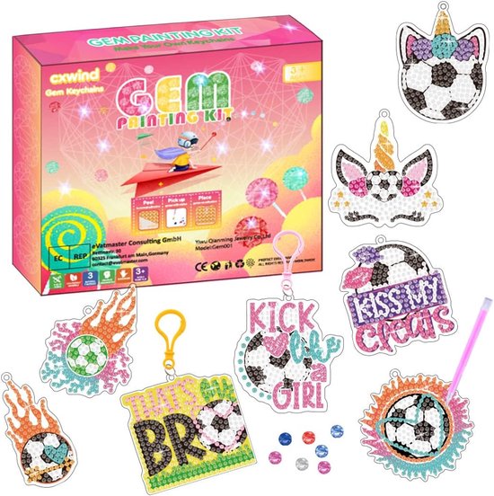 8 stuks voetbal meisjes diamant schilderij sleutelhangers kits voor kinderen, DIY diamant schilderij sleutelhangers, Diamond Arts Craft mozaïek kits, schilderen op nummer kits voor kinderen beginners (Red04)