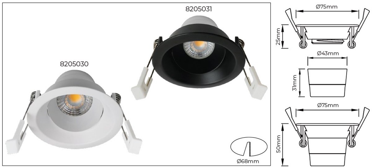 Deep Deco richtbare inbouwspot met LED module 8W, 2700K, 831 lumen, Ø75 x H50 mm, keramiek en aluminium, zwart, dimbaar