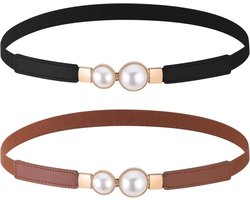 ByShane - Elastische Stretch Riem - Retro Parel Gesp - Vrouwen - Taille Riem - Jeans Jurk Broek - Bruin Zwart Wit Goud - One Size - Stijlvol en Comfortabel