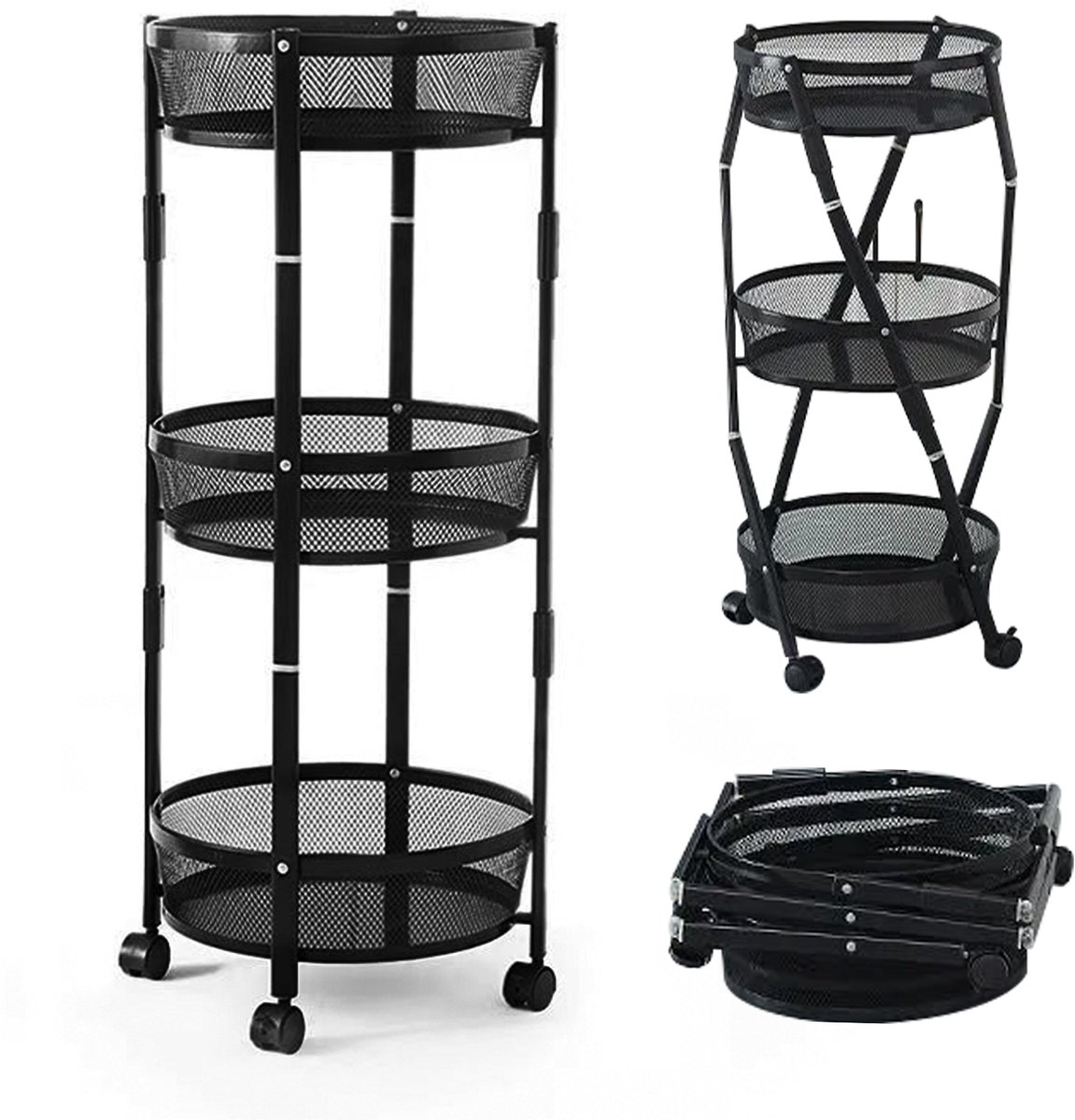 OFMOTRA Keukentrolley op Wieltjes - 3 Lagen - Inklapbaar - Serveerwagen -Opbergtrolley - Keukenrek - Trolley Keuken - Badkamer Organizer - Badkamerrek - Zwart
