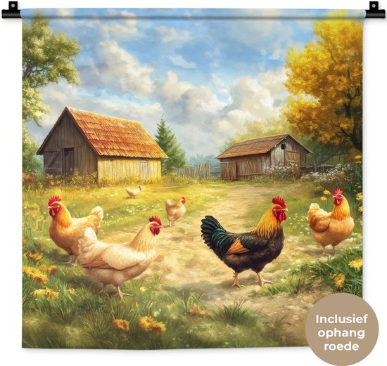 Wandkleed 60x60 cm - Wanddoek Kippen - Landelijke rust - Natuur - Wandtapijt - Wandkleden