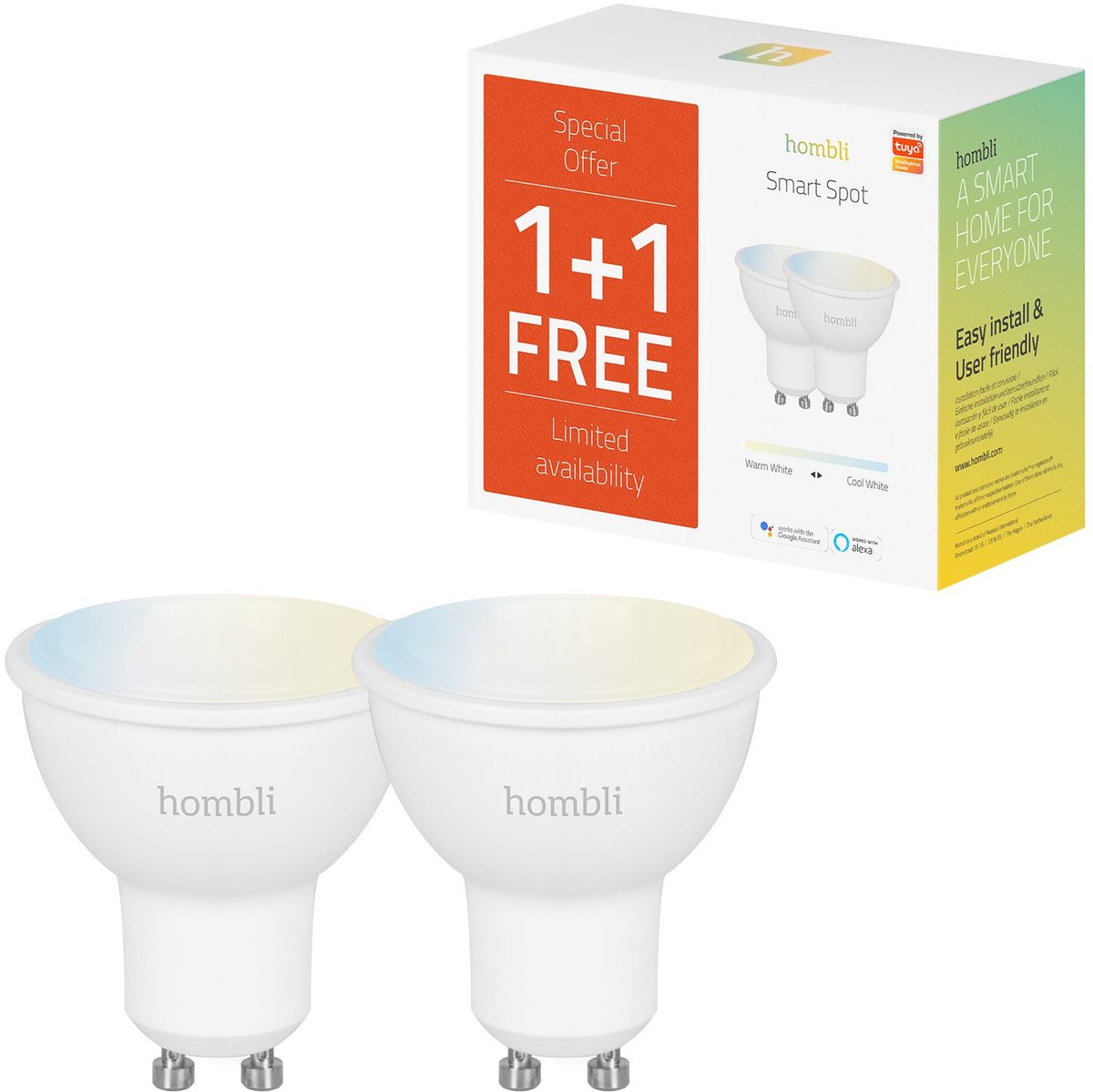 Hombli Slimme verlichting - lamp GU10 warmwit licht - geen bridge nodig - smart LED - dimbaar en tunable - Promopack 1+1